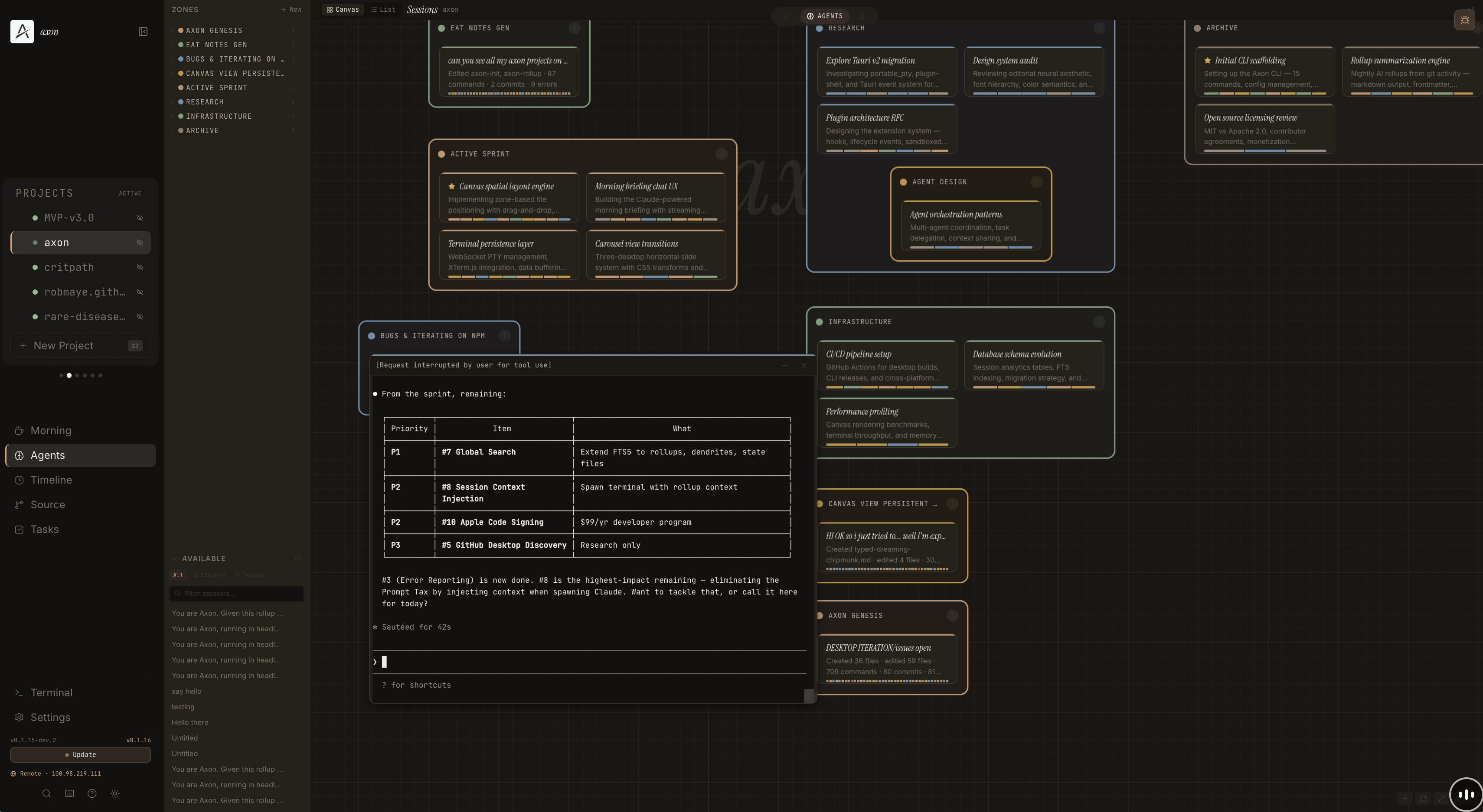 Axon spatial canvas — session tiles organised into zones with heat strips