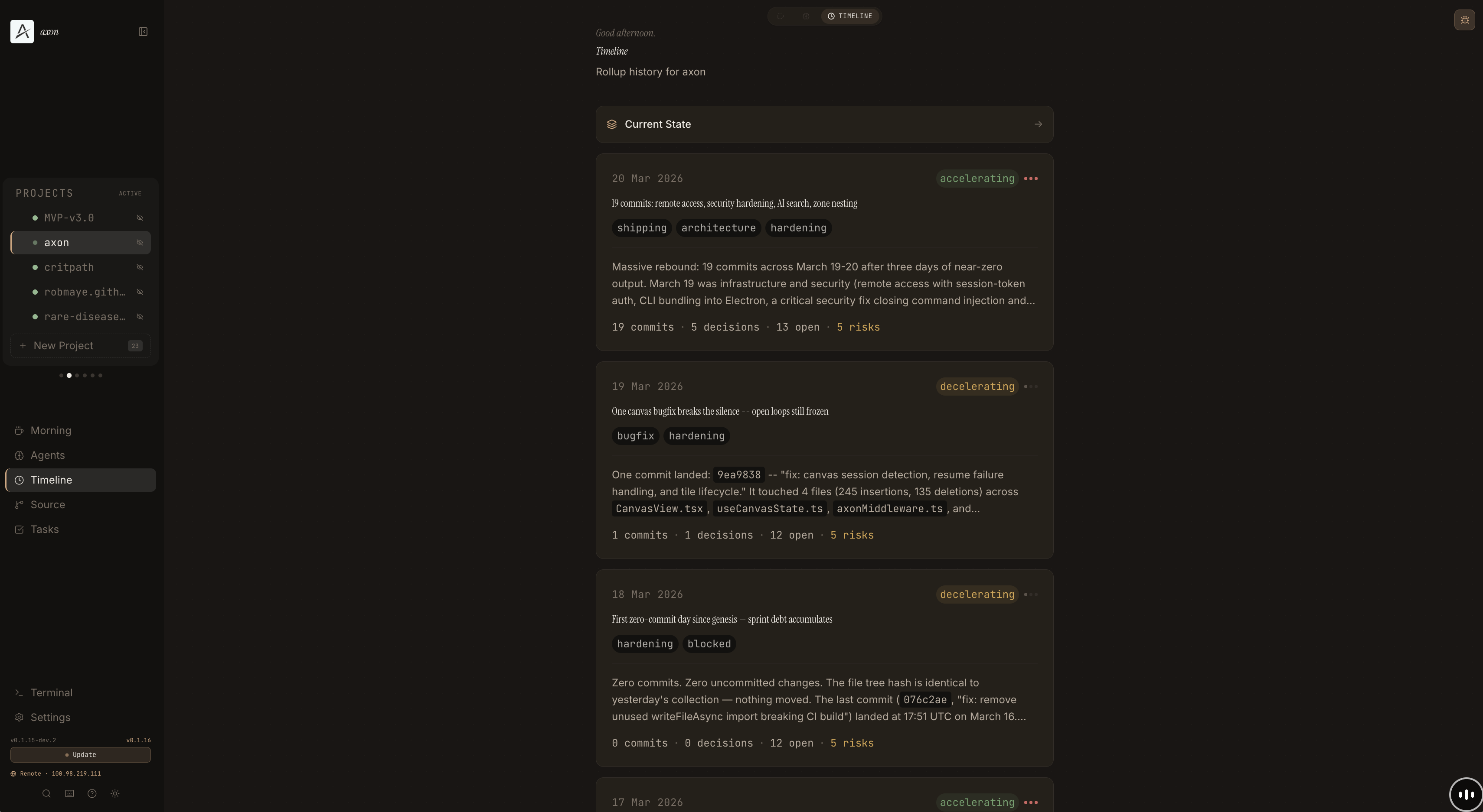 Axon timeline — rollup cards showing decisions, commits, and risk flags over time